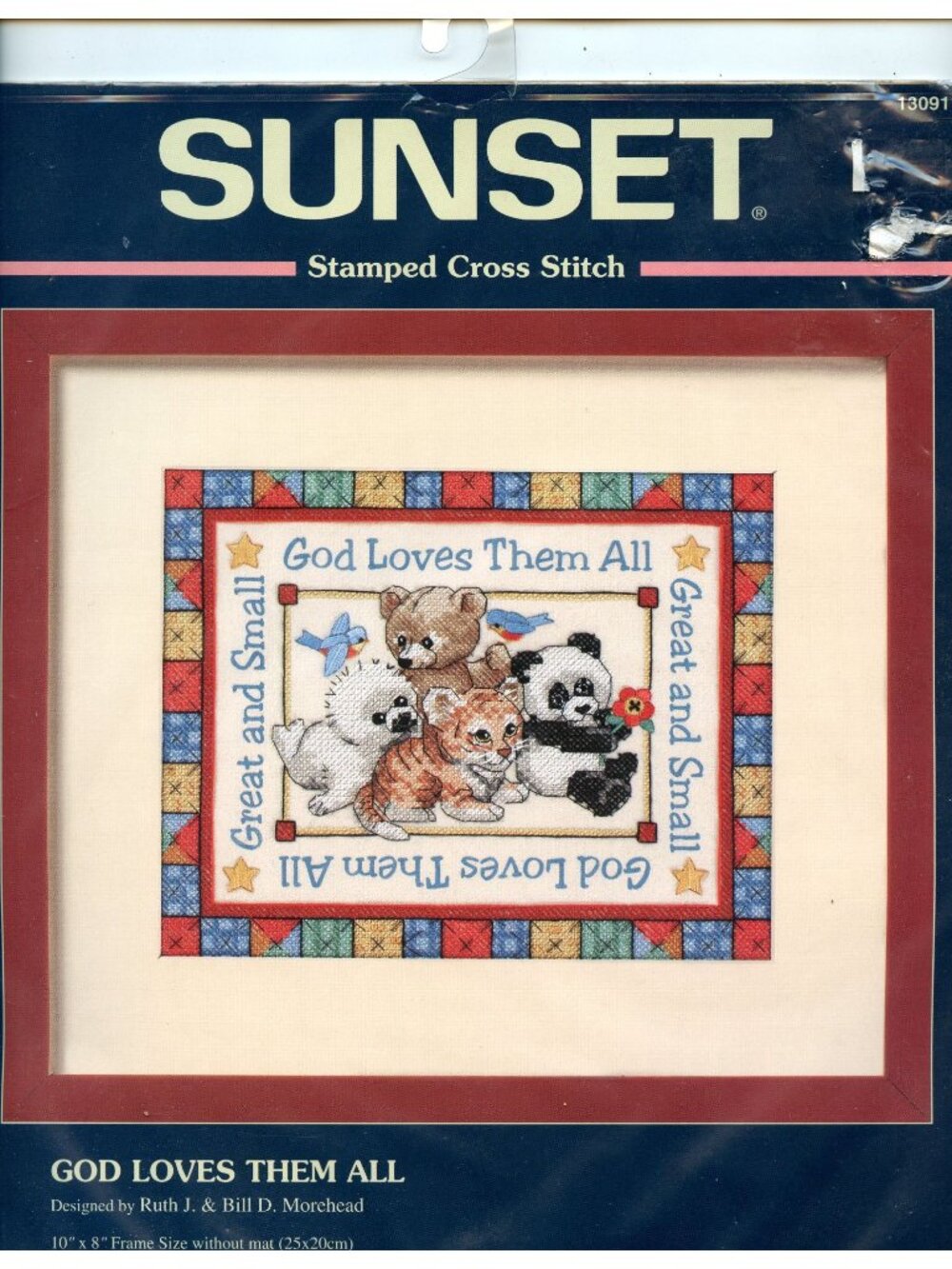 God Loves Them All Stamped Cross Stitch Kit By Sunset 14"x12" Frame Size 1997 De